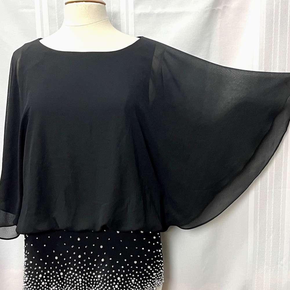 MSK Women Black Blouson Cape Batwing Sleeve Pearl Rhinestone Top M Formal Evenin
